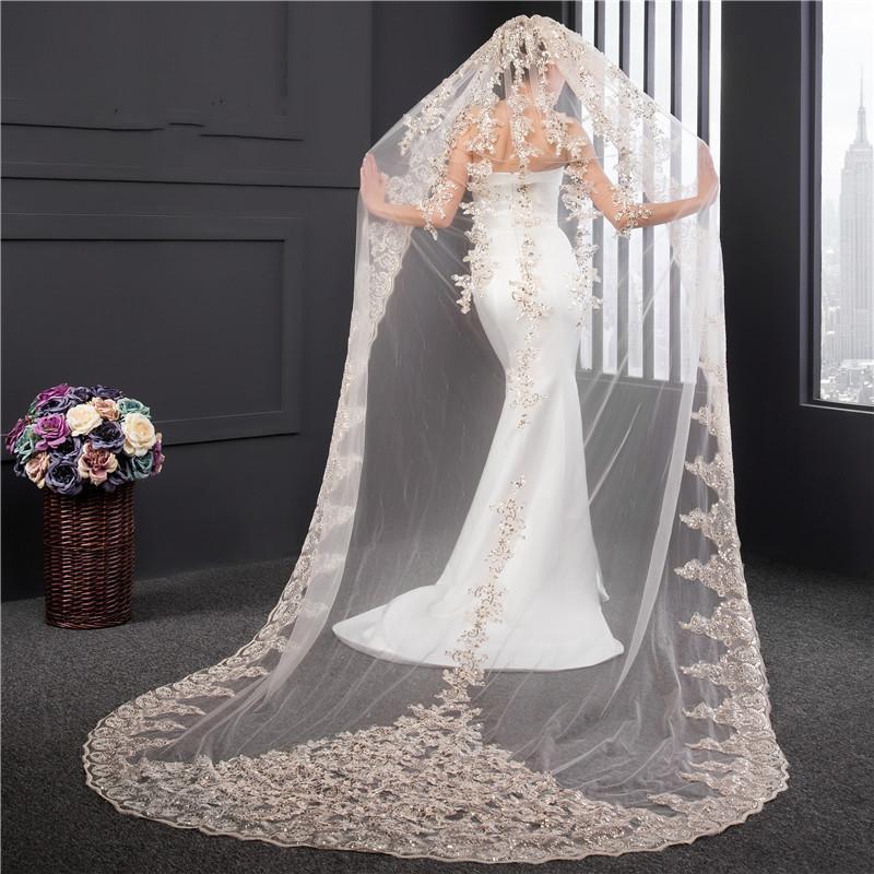 Cathedral Veil with Dramatic Beaded Lace Applique - Your Wedding Veil Store Cathedral Veil with Dramatic Beaded Lace Applique - Your Wedding Veil Store