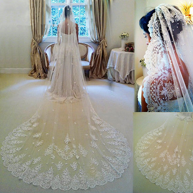 HW Veil Garden Inspired Lace Edged Cathedral Length Bridal Veil