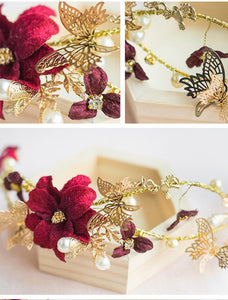 Crimson Flowers Headband with Butterflies-Your Wedding Veil Store