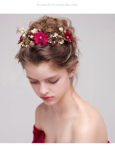 Crimson Flowers Headband with Butterflies-Your Wedding Veil Store