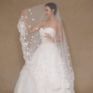 Cathedral Veil with Scalloped Lace, Flower Applique, and Beading-Your Wedding Veil Store