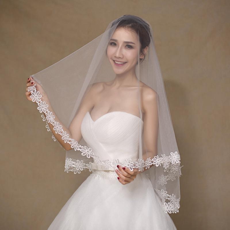 Fingertip Mantilla Veil with Lace Flower Applique Edging  display picture 2