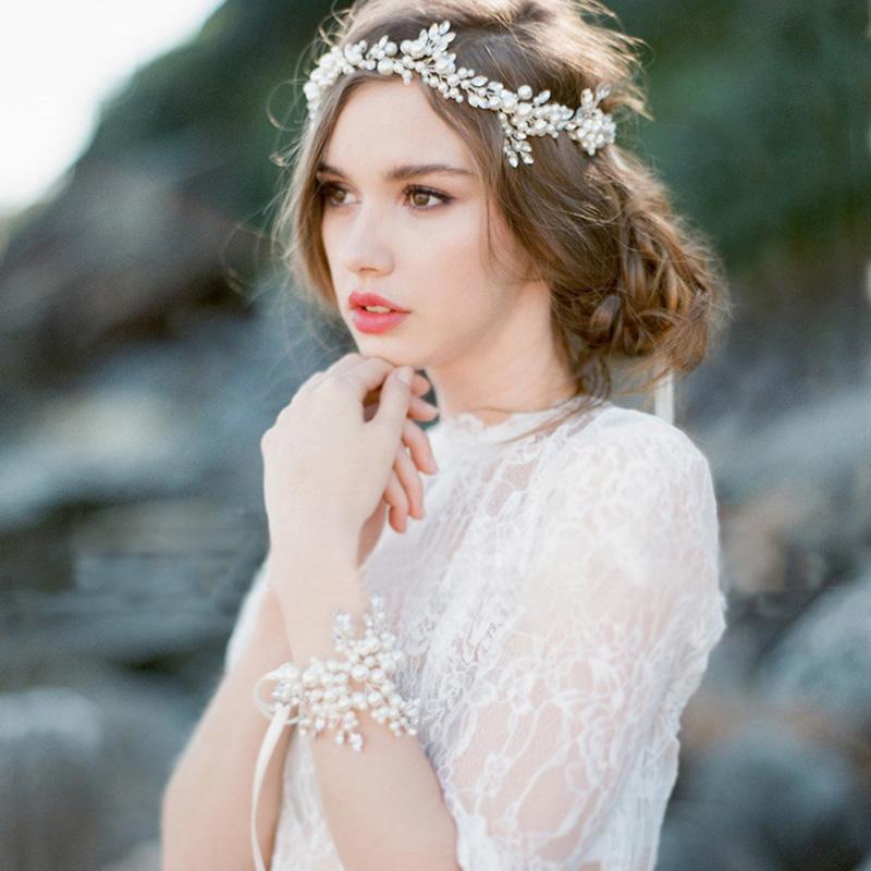 Wedding Headwear Set Pearl Crystal Ribbon Headband and One Tier Soft Sheer  Plain Bridal Veil TSDZ037