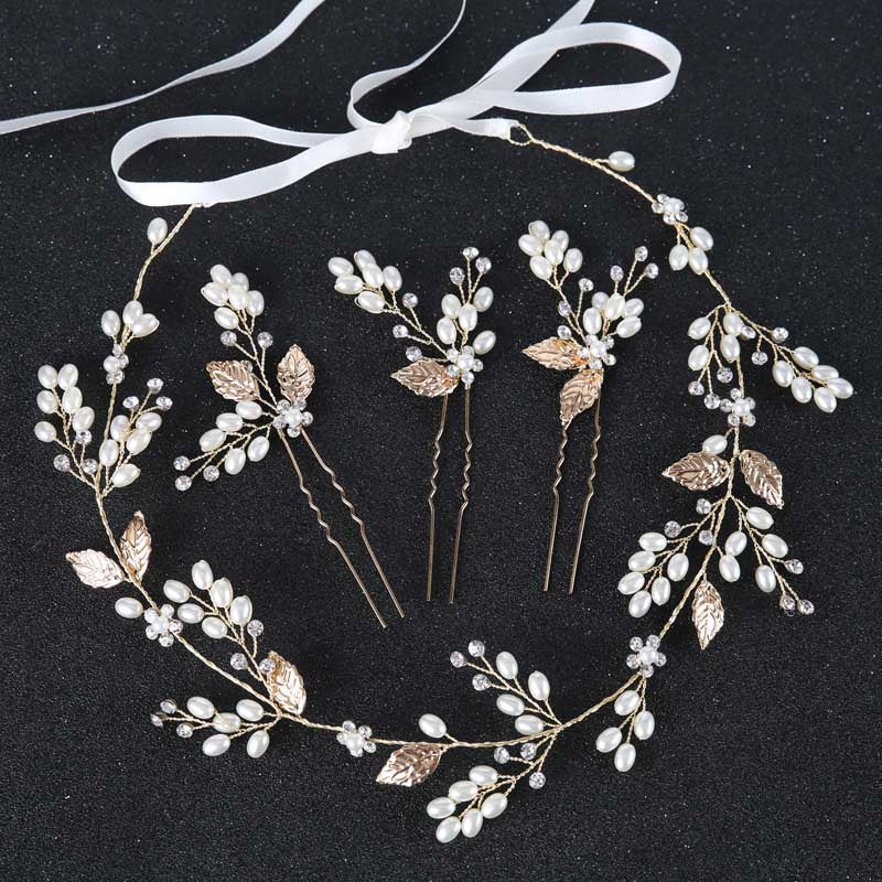 Golden Crystal and Pearl Flower Crown and Hair Pins-Headband-Your Wedding Veil Store